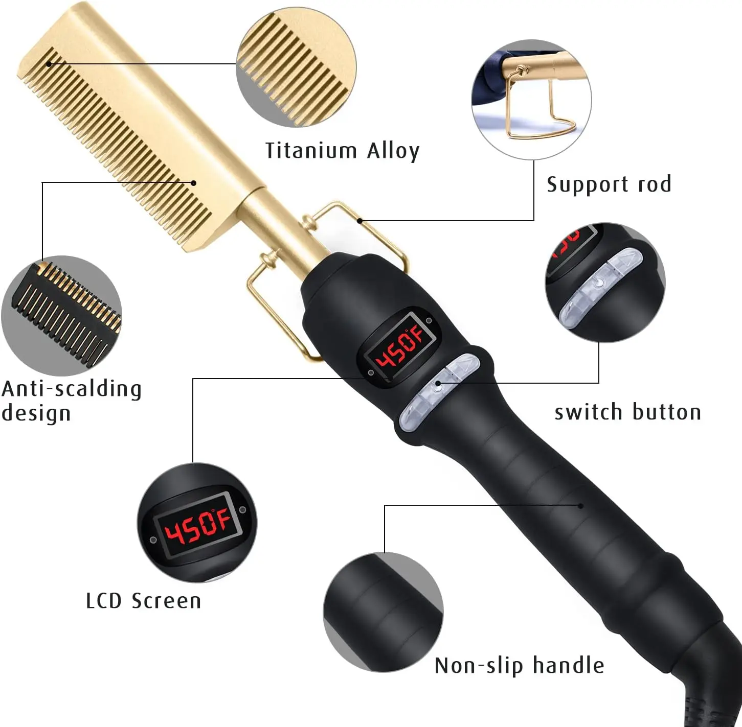 Heat Pressing Combs Portable Ceramic Curling Iron Hot Comb Hair Straightener for Hair Beard Wigs Wet and Dry Hair Styling Tools