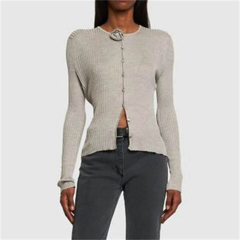 

Cardigans for Woman 2023 Autumn New Korean Fashion 3D Flower Elastic Slim Fit Single Breasted Knitted Cardigan Long Sleeved Top