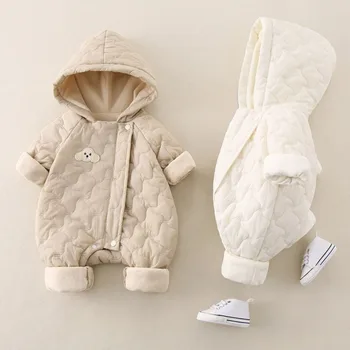 AYNIGIELL أواخر الخريف أوائل الشتاء الطفل بذلة سميكة الدافئة الرضع مقنعين داخل الصوف السروال القصير الوليد الملابس المبطنة بالقطن