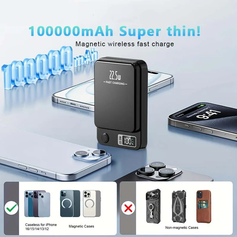 100000mAh Magnetic Powerbank Magnetic Power Bank Wireless Fast Charger For IPhone Backup Battery For Magsafe_voghion.com