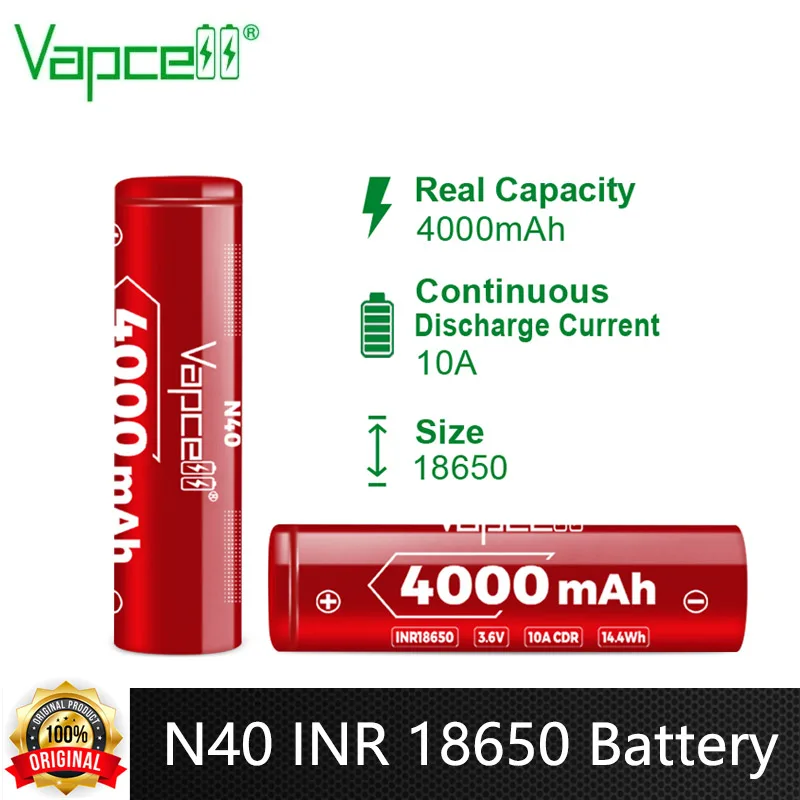 Baterias Recarregáveis para Lanterna Vapcell Maior Capacidade Bateria Li-ion 4000mah N40 Inr 18650 10a 3.6v