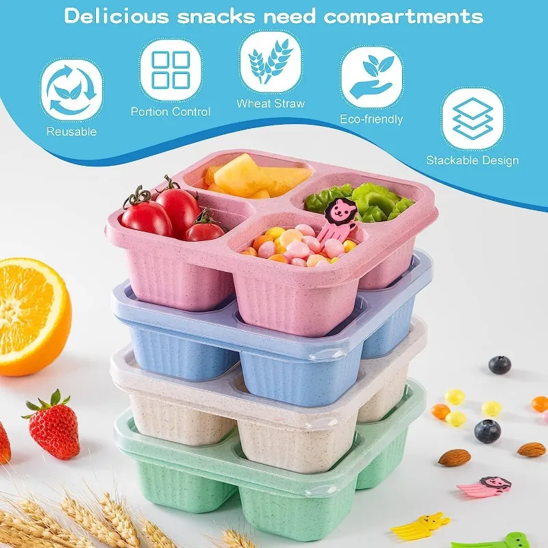 4PCS Bento Box Adult Lunch Box, Compartment Meal Prep Container for Kids,  Lunch Snack Containers with Utensils & Transparent Lids Reusable Food  Storage Snack Containers - Stackable for School, Work, and Travel