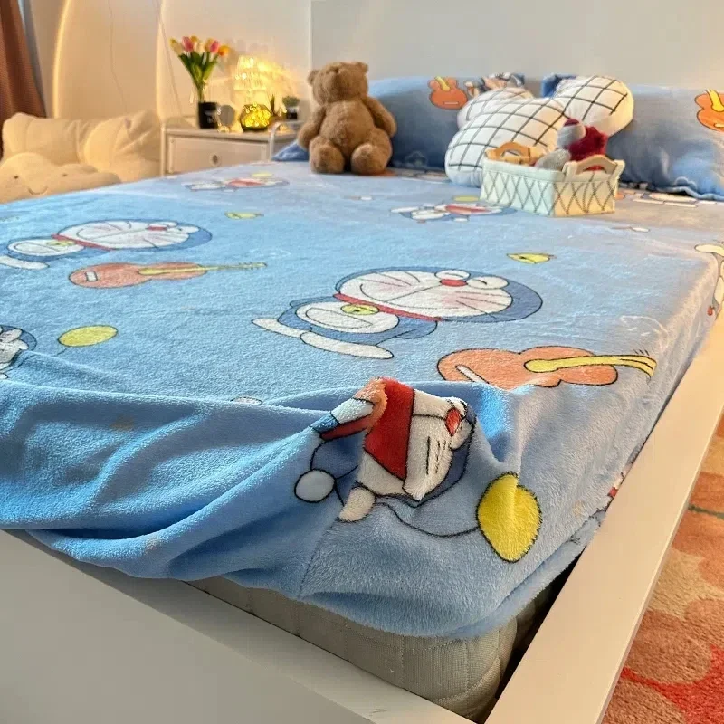 Doraemon cartoon Bed Hat sheet Thickened Flannel Cute Doraemon Bed Sheet All-inclusive Non-slip Dormitory Bedspread 3