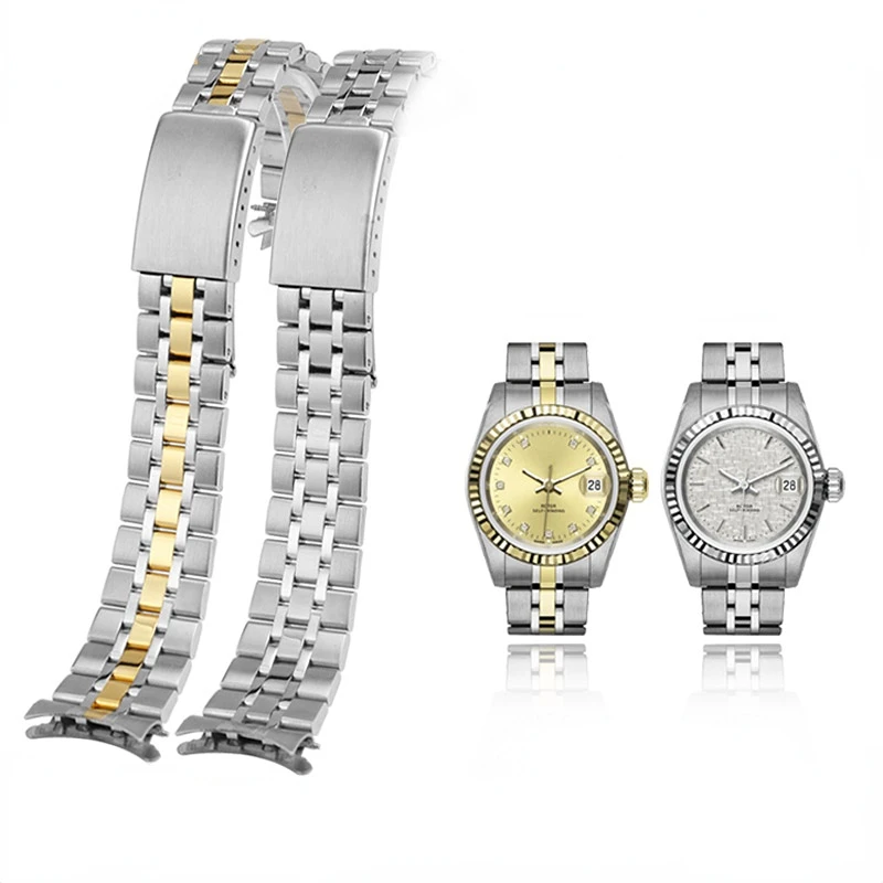 Curved End Metal Watchband with Folding Buckle - Solid Stainless Steel Strap Bracelet