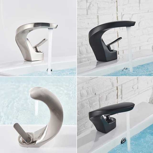 ก๊อกน้ำอ่างล้างหน้าแบบติดตั้งบนเคาน์เตอร์ สีดำด้าน ทำจากทองเหลือง แบบก้านโยกเดี่ยว สำหรับอ่างล้างหน้าในห้องน้ำ  แบบนิกเกิลขัดเงา น้ำร้อนน้ำเย็น 2