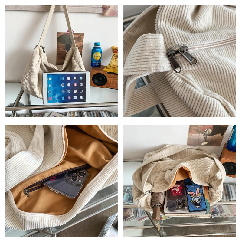 Large Corduroy Women's Bag Solid Eco Bag Korean Shopping Messenger Bag Y2K Shoulder Cross Bag Student Handbags Travel Satchel