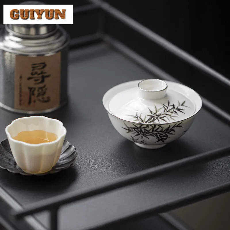75ml Exquisite Hand-painted Bamboo Gaiwan Mini Ingot Hand Grab Bowl Tea Tureen Tea Maker Cover Bowl Services Supplies Craft