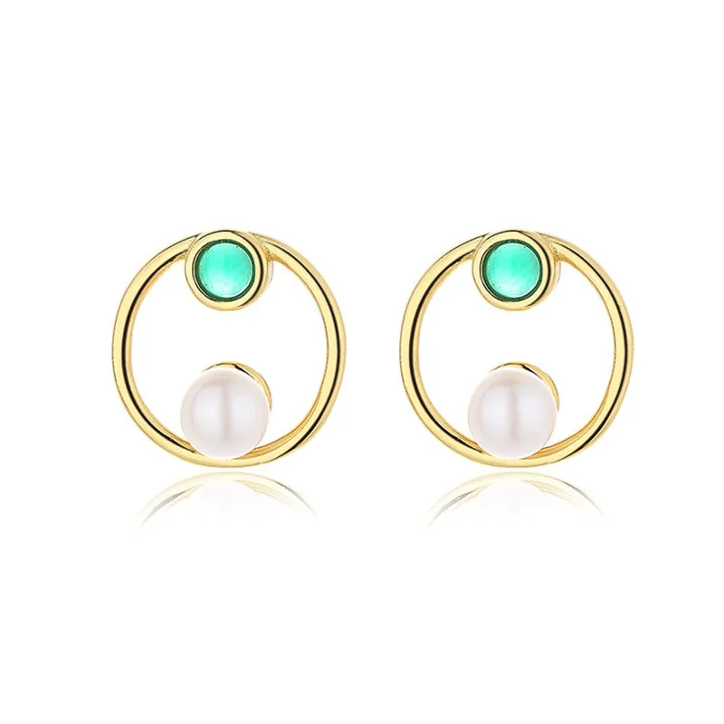 

EZ-34 ZFSILVER S925 Silver Korean Fashion Luxury Gold Simple Circle Freshwater Pearl Earrings Jewelry Women Match-all Gift Girls