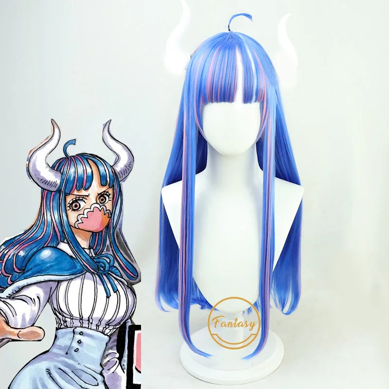 

Ulti Anime Cosplay Wig Horns Prop Long Straight Pink Mixed Blue Heat Resistant Synthetic Blue Hair Wigs+ Free Wig Cap