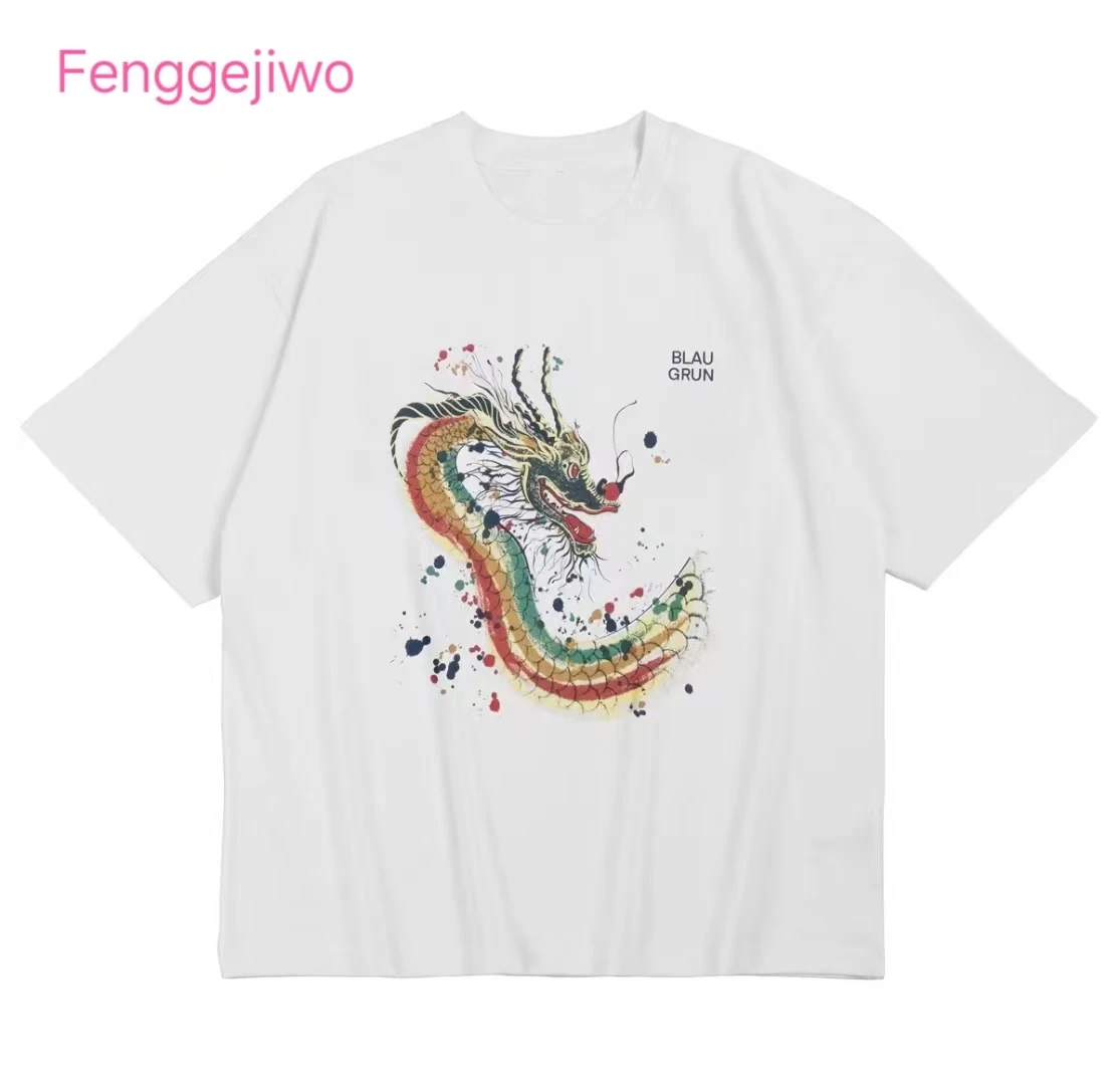

Fenggejiwo short sleeved T-shirt with dragon totem print, pure cotton round neck, couple style, no touch print