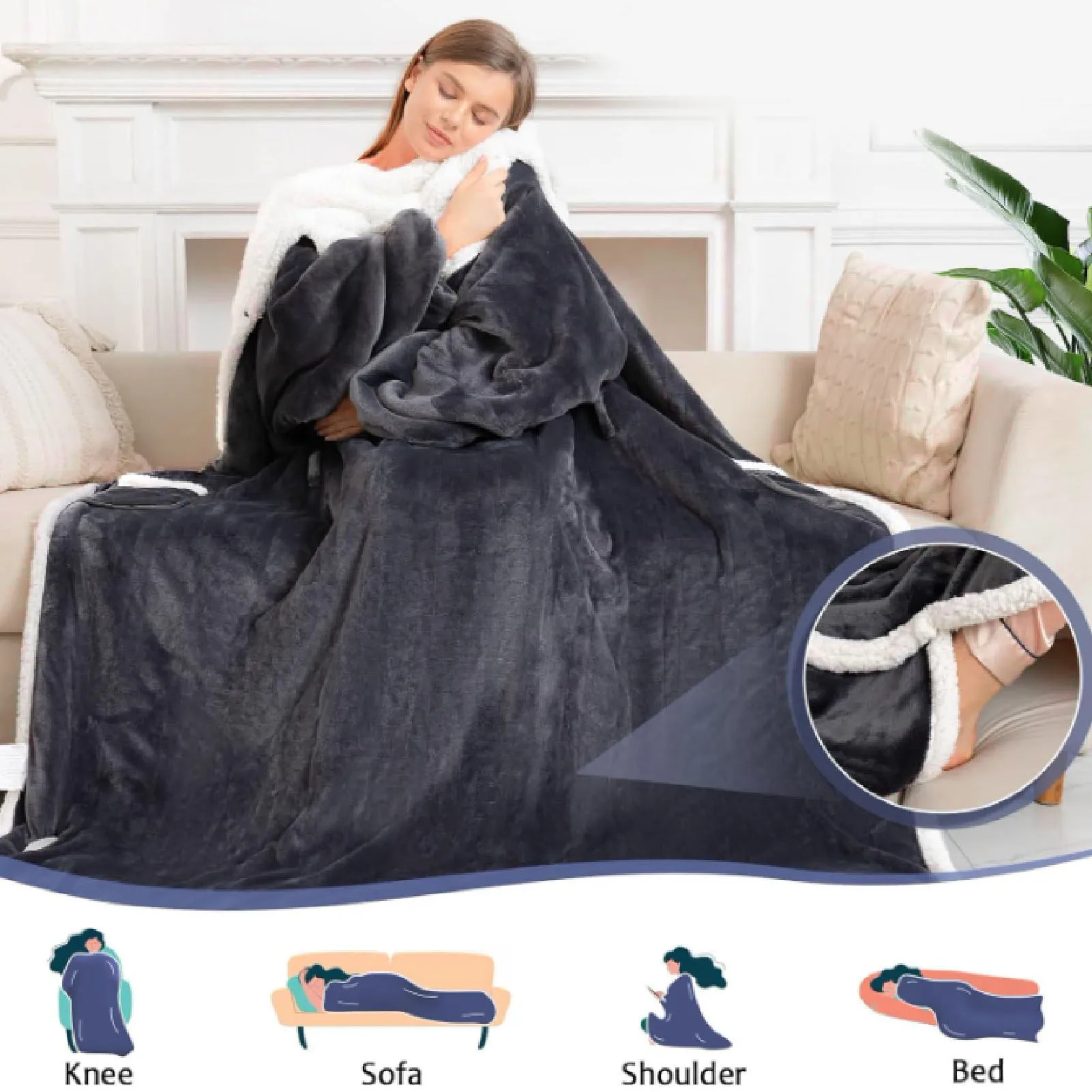 【Hot】50x70inch Electric Wearable Blanket with Sleeves Hood and Foot Pocket Flannel 10 Heating Levels  with 3 Time Settings