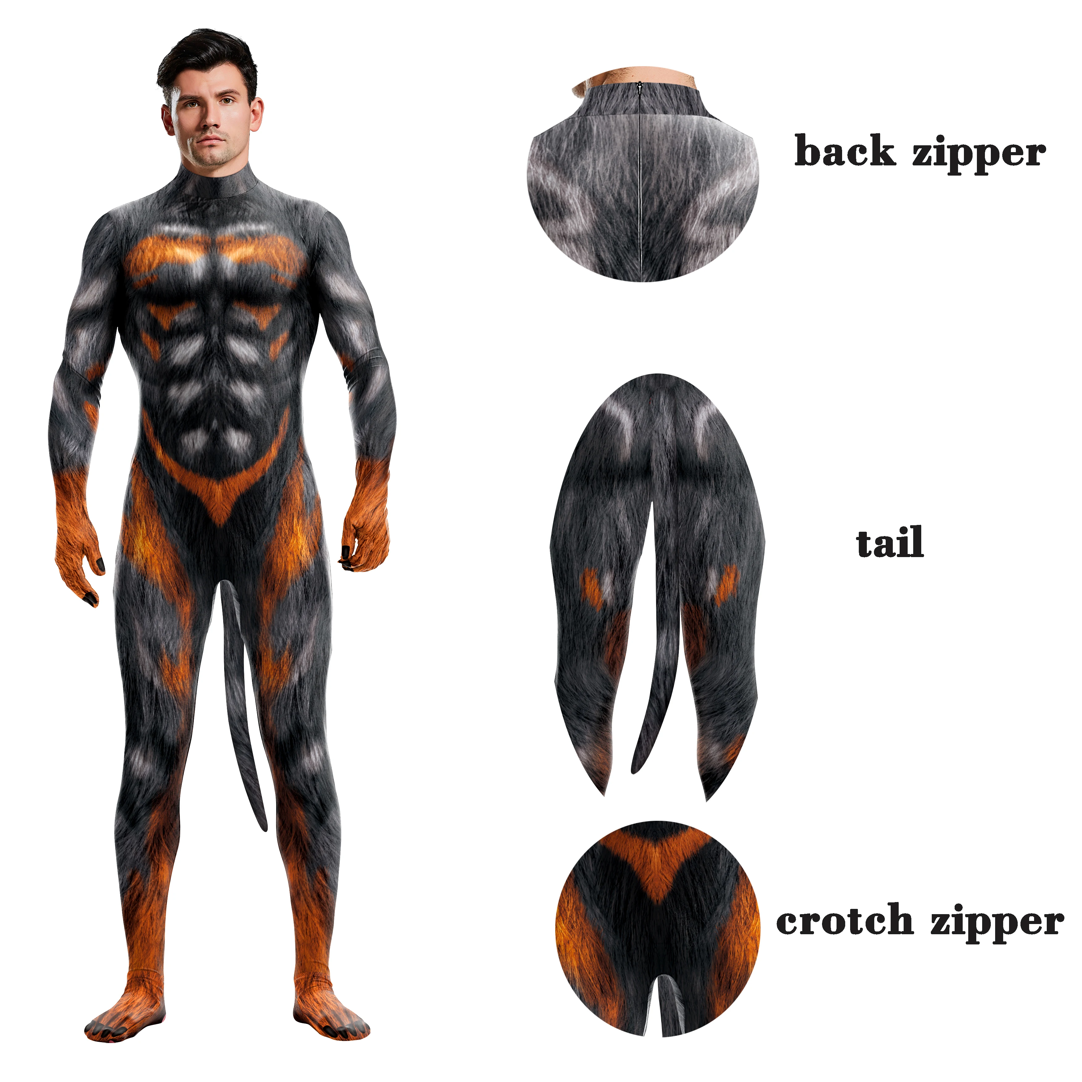 Men's Halloween Costume Elastic Carnival Party Fitness animal full bodysuit with tail Women's Whole costumes Zentai suit adult cosplay costume,adult unitard
