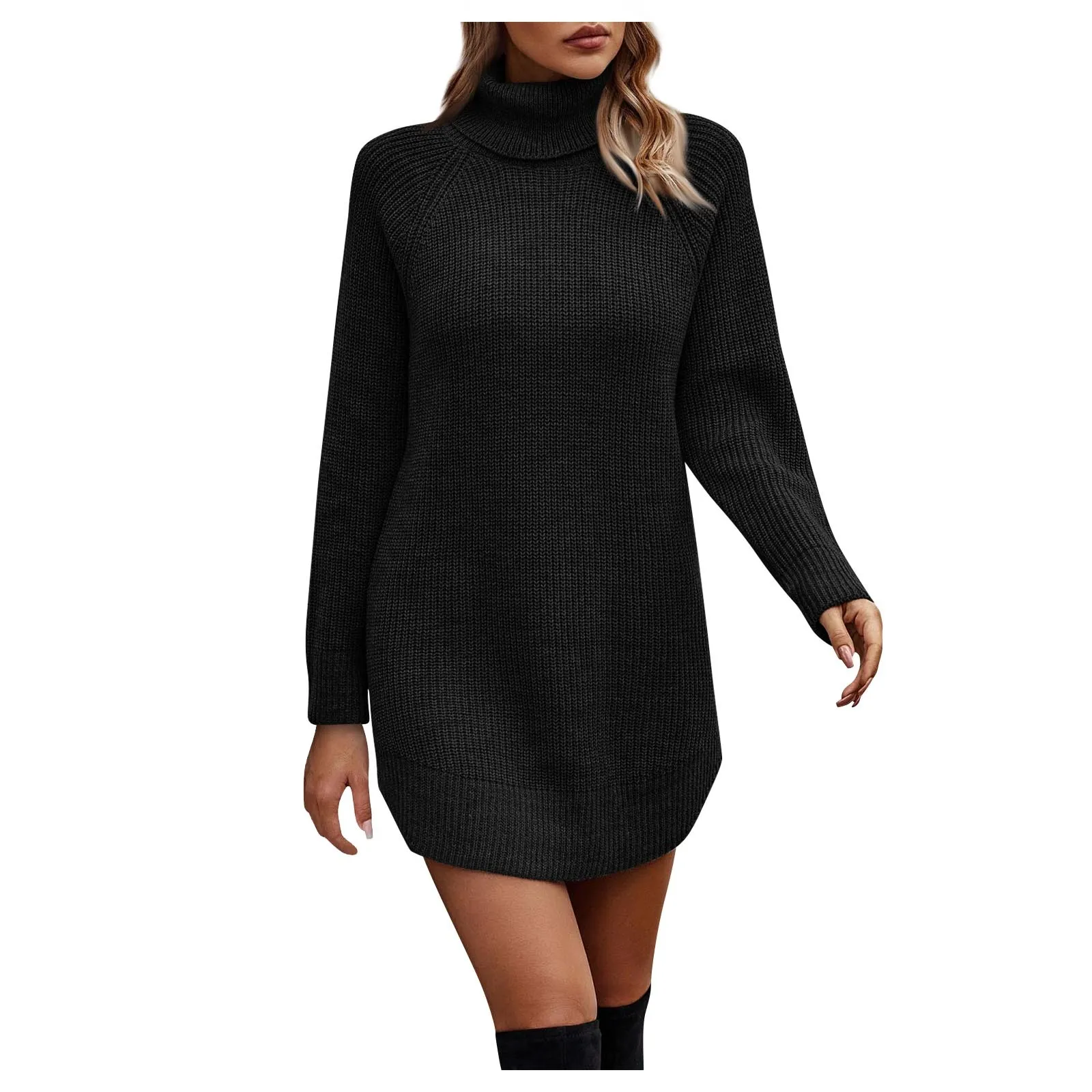 

2023 Women'S Autumn And Winter New Elegant High Quality Dress Solid High Neck Long Sleeve Loose Sweater Knitted Dress 원피스