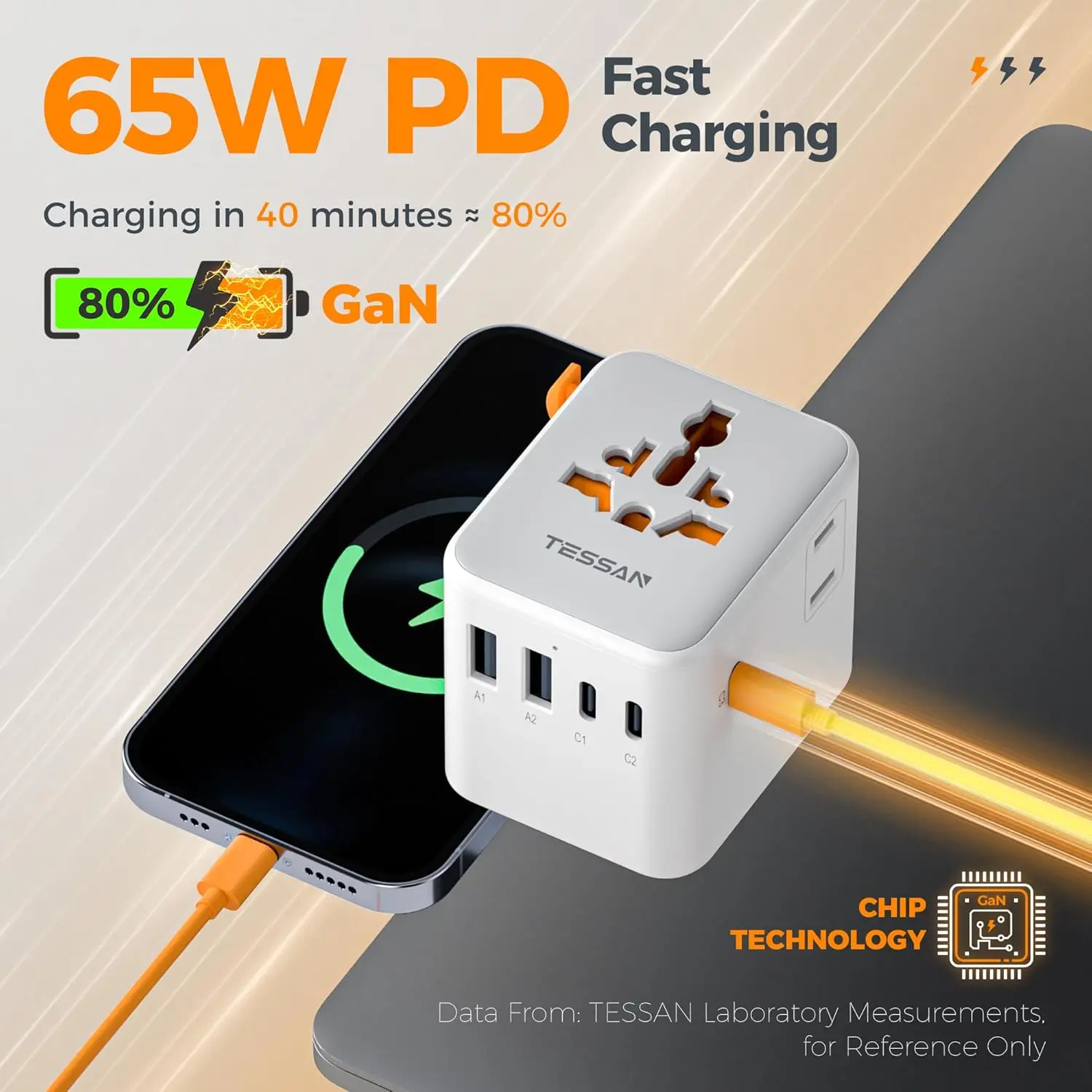 TESSAN 65W GaN Compact Travel Adapter with Multiple USB Ports