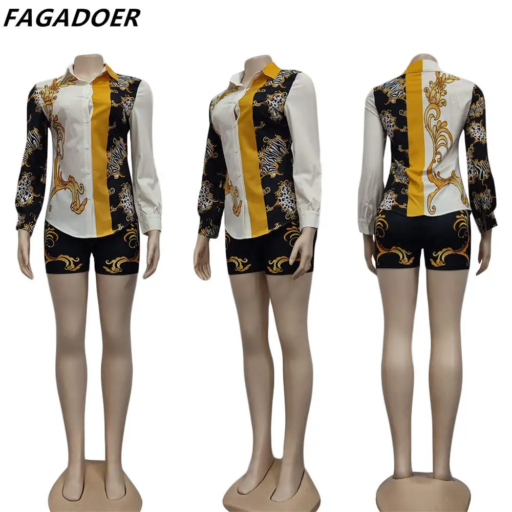 FAGADOER Geometric Retro Print Two Piece Sets Women Turndown Collar Button Long Sleeve Shirt And Shorts Tracksuits Outfits Fall