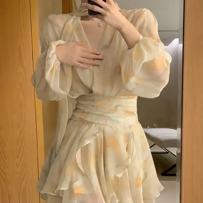 Floral Woman Long Sleeve Dress Dresses for Women Yellow Chiffon