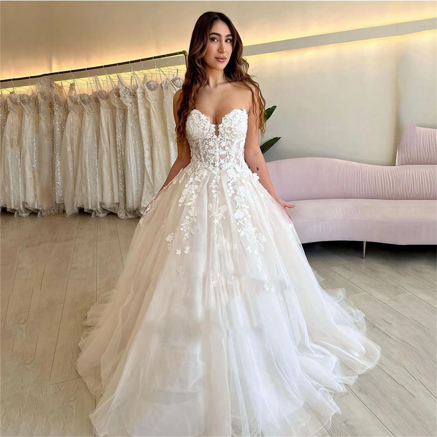 

Sexy Princess Wedding Dress Sweethearts Strapless Flowers Appliques Corset Bridal Gowns Vestido De Novia Customized