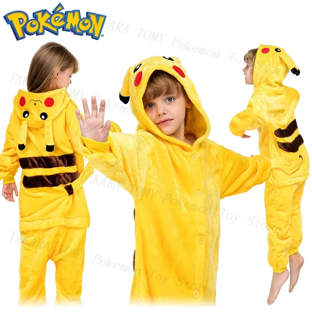 

New Anime Pikachu Plush Flannel Pajamas Cartoon Pokemon Costume Suit Long Sleeved Winter Soft Warm Home Clothes Children Gift