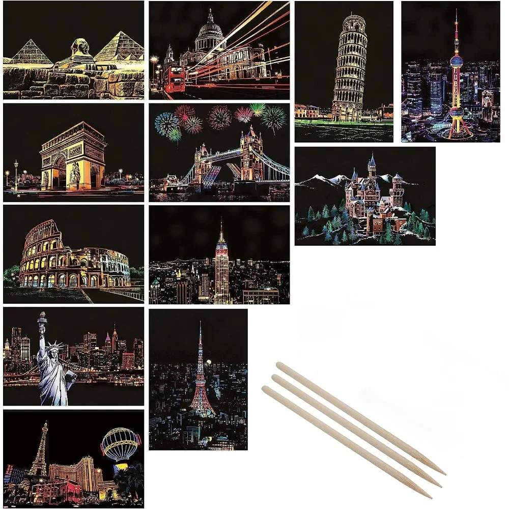 DIY 4Pcs Children Night Scene Art Scratch Painting Toys City Building Landscape Kids Educational Toys Birthday Gift Room Decor 2