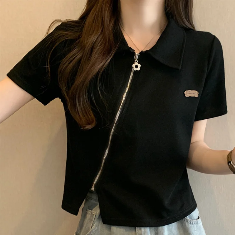 

LKSK Large Polo Neck Shoulder Length Short Sleeved T-shirt New Women's Summer Stylish Slim Fit Loose Fitting Slimming Short Top