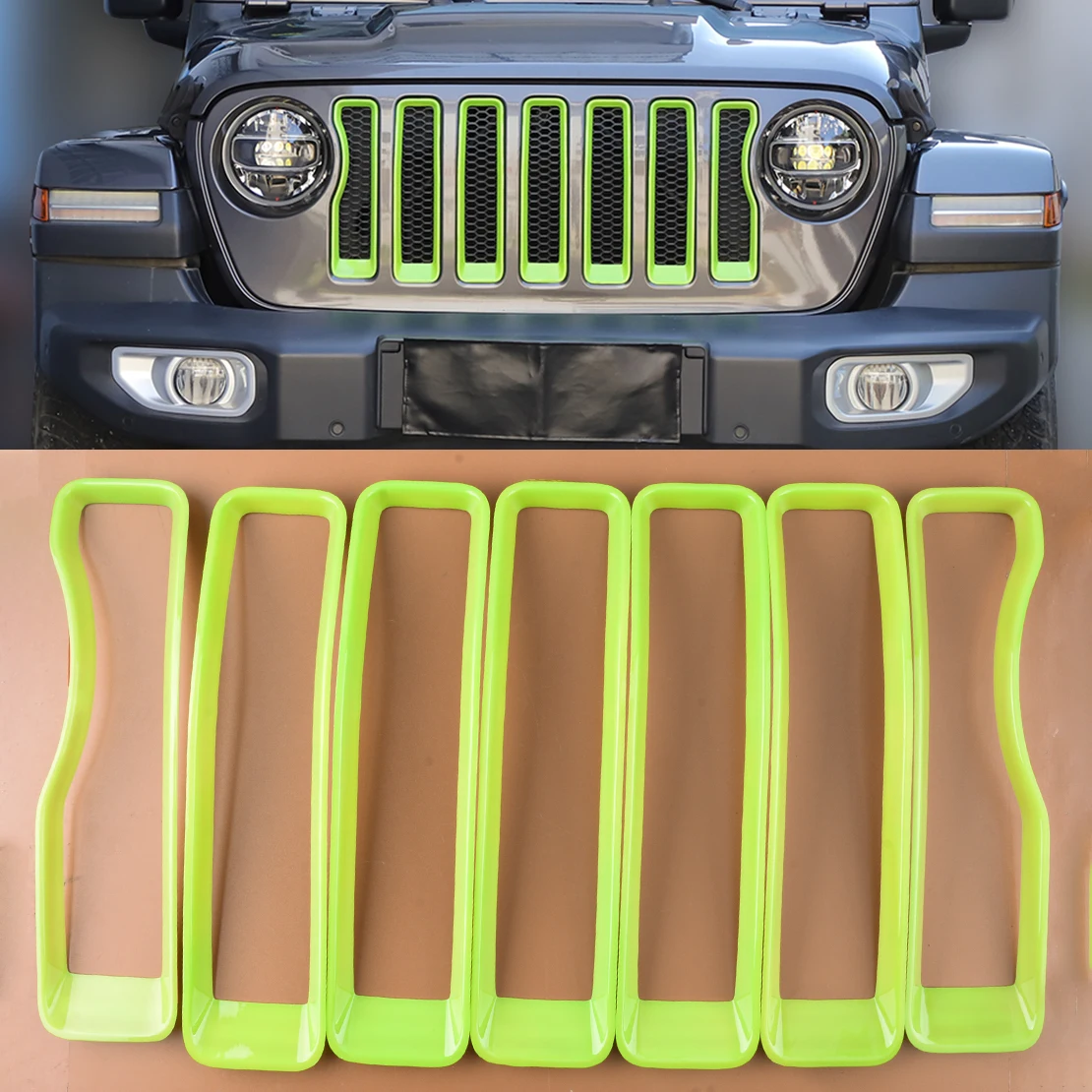 

7pcs/Set Green Car Front Grille Inserts Cover Trim Bezel Kit ABS Fit for Jeep Wrangler JL Gladiator JT 2020-2021