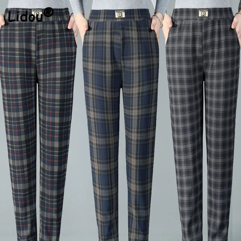 Autumn Winter New Plaid Spliced Ankle-length Pants Women Panelled Sequined High Waist Three-dimensional Decoration Pencil Pants plaid ankle length big hem autumn winter women s clothing bright decoration knitting empire folds a line skirt elegant fashion