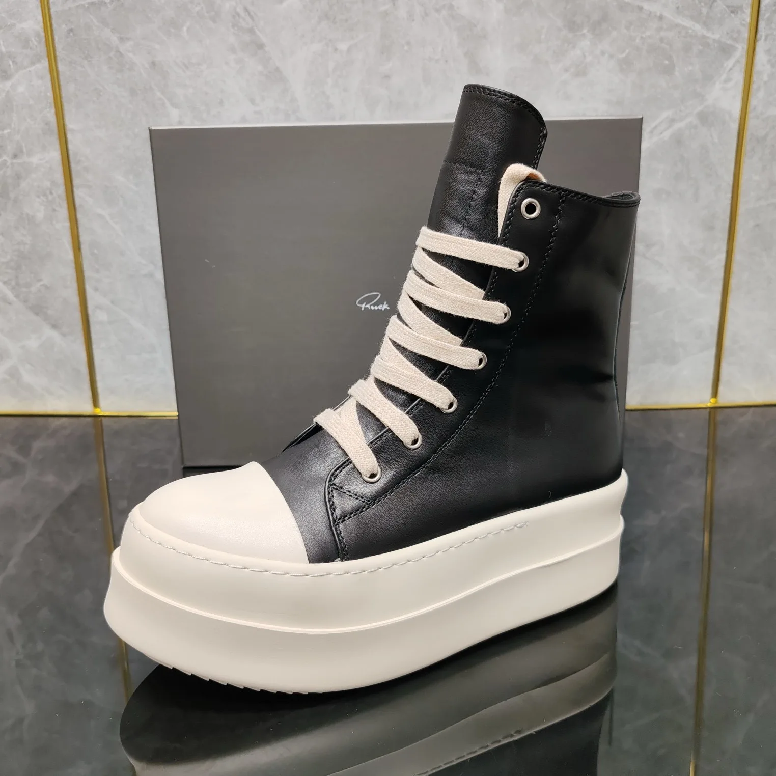 Ricks shoes niche shoes black zipper high-top Joker casual increase leather thick soleplate shoes