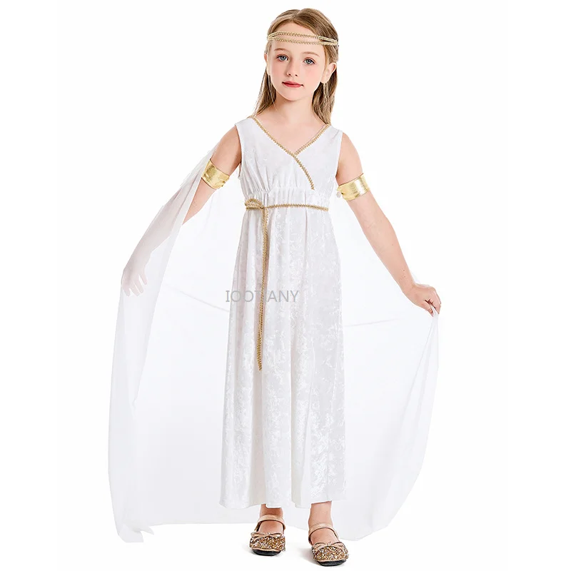 

Kids Child Ancient Greek Goddess White Court Shawl Long Dresses Roman Grecian Athena Cosplay Costume Carnival Party Fancy Dress