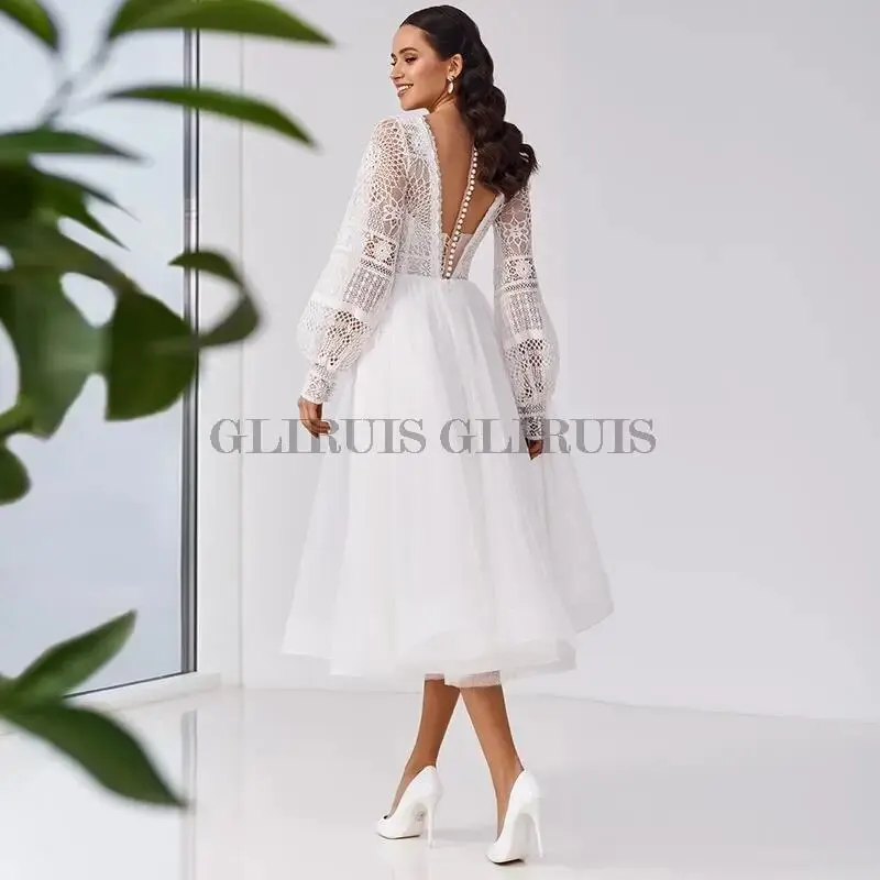 

Tea Length V-Neck Wedding Sleeve Lace Illusion Button Back Boho Beach Short Bridal Gown