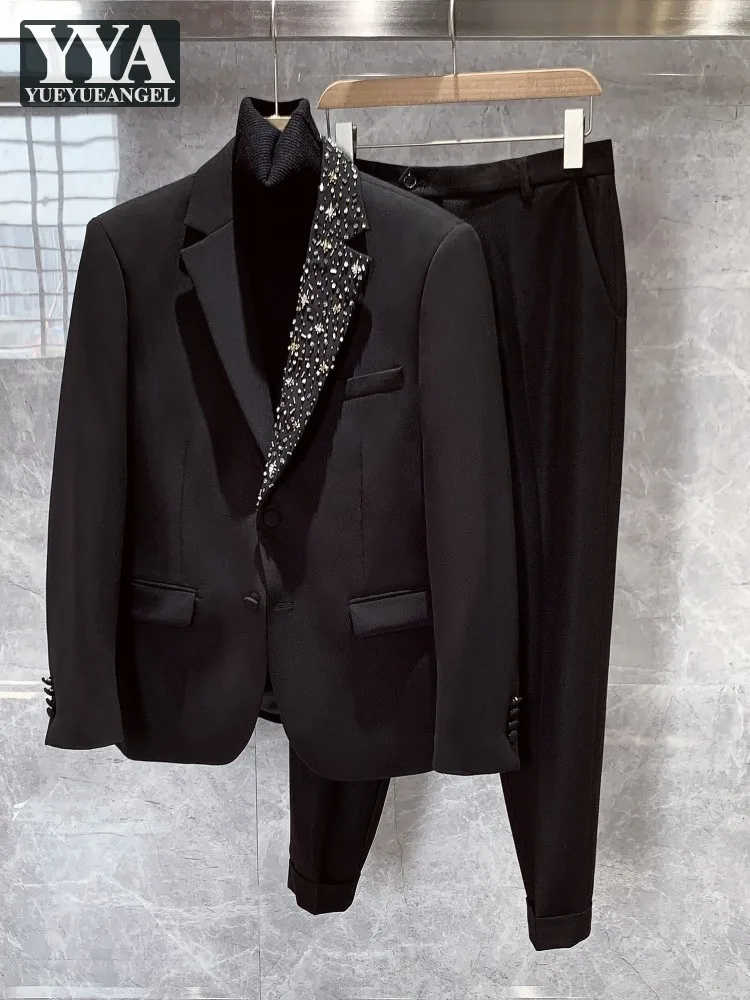 

Elegant British Style Black Design Business Casual Mens Suits Set Blazers Pants 2 Piece Set Party Wedding Formal Men Groom Suits