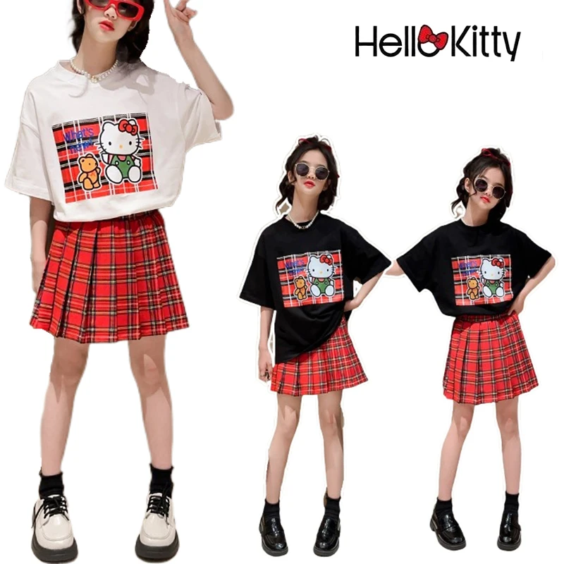

Sanrio Hello Kitty Loose Clothes Summer Y2K Women Kawaii Cartoon Print Short Sleeve Loose Cotton T Shirt Short Skirt Cute Suit