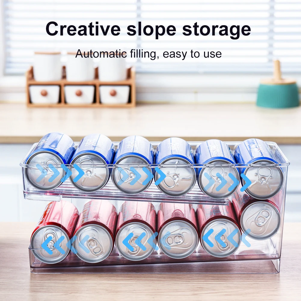 Dublu strat frigider băuturi doze depozitare cutie automată rulantă bere sifon doze raft organizator transparent dozator bin_voghion.com