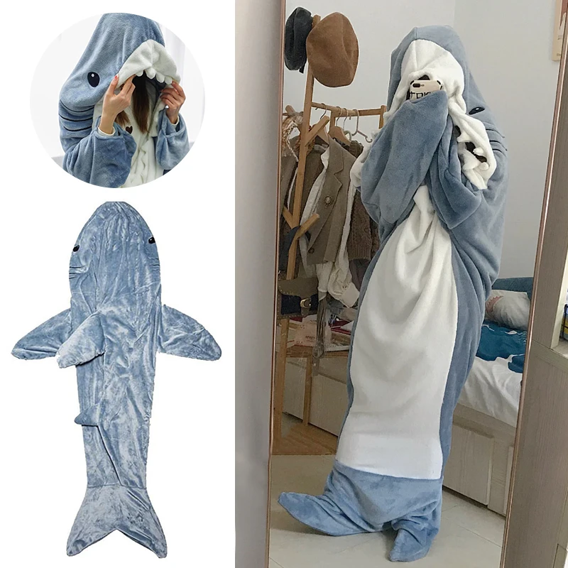 Pijama de tiburón de dibujos animados para niños y adultos, manta de felpa  con capucha, saco de dormir, disfraz de Cosplay, ropa de oficina -  AliExpress