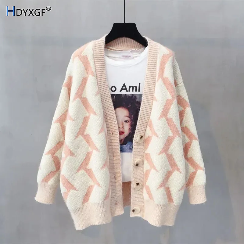 

Loose Warm Chenille Knitted Cardigans Women Winter Single Breasted V-neck Long Sleeve Coat Fashion All-match Clothing Streetwear