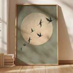 Japandi Sage Green Abstract Sun and Birds Wall Art - Large Frameless Canvas - 40x50cm Unframed (ZLH4247)