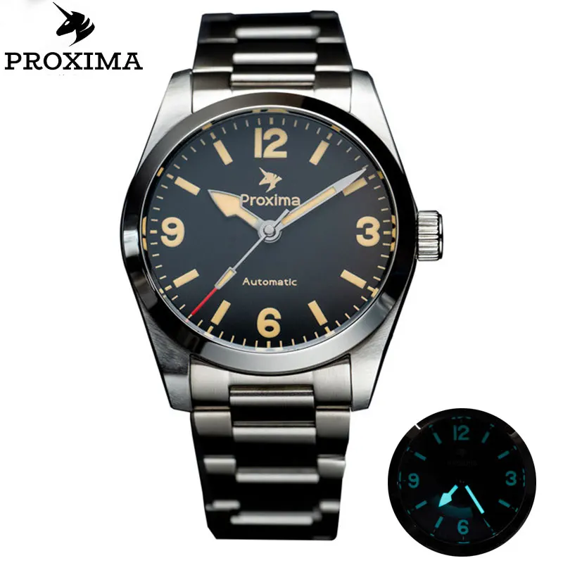 

Proxima PX1698 Automatic Men's Watch 37mm Vintage Sport Mechanical Wristwatch Sapphire PT5000 SW200 Black Dial 20Bar BGW-9 Lume