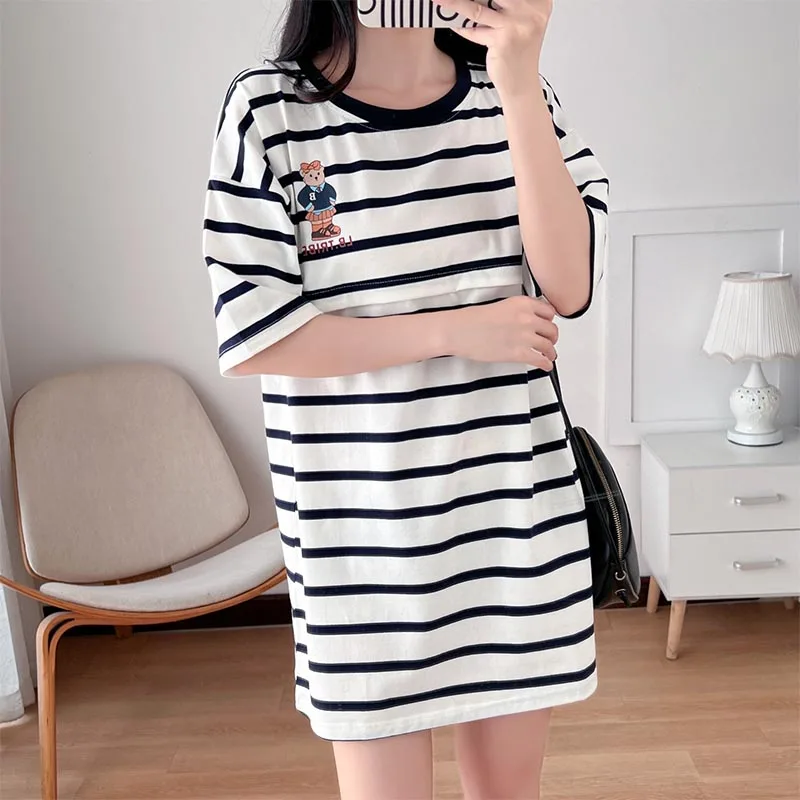2024 Summer Maternity T Shirt Casual Breastfeeding Clothes Nursing Horizontal Zipper Lactation Top Soft Cotton Plus Size L-3XL 3