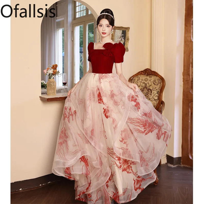 

Ofallsis Square Neck Puff Sleeve Bow Bridal Toast Dress 2024 Spring Wedding Banquet Red French Simple Engagement Evening Dresses