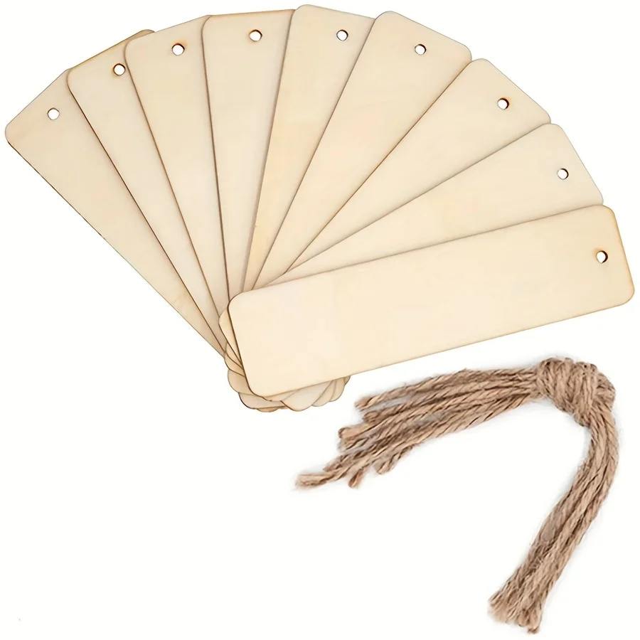 Wooden Blank Bookmark DIY Craft Unfinished Tag List Rectangular with Hole and Rope