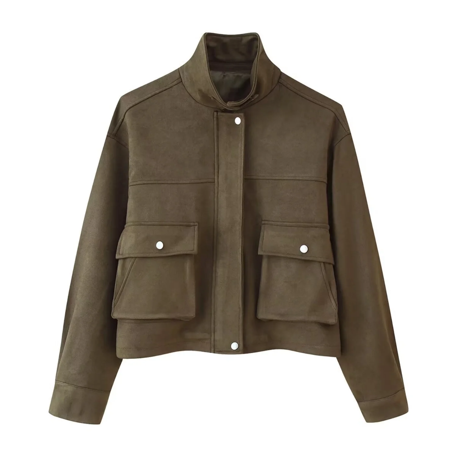 2025 Autumn New Women's Fashion Flap Pocket Decoration Military Green Retro Jacket Long Sleeved Zipper Women's Coat Chic Top