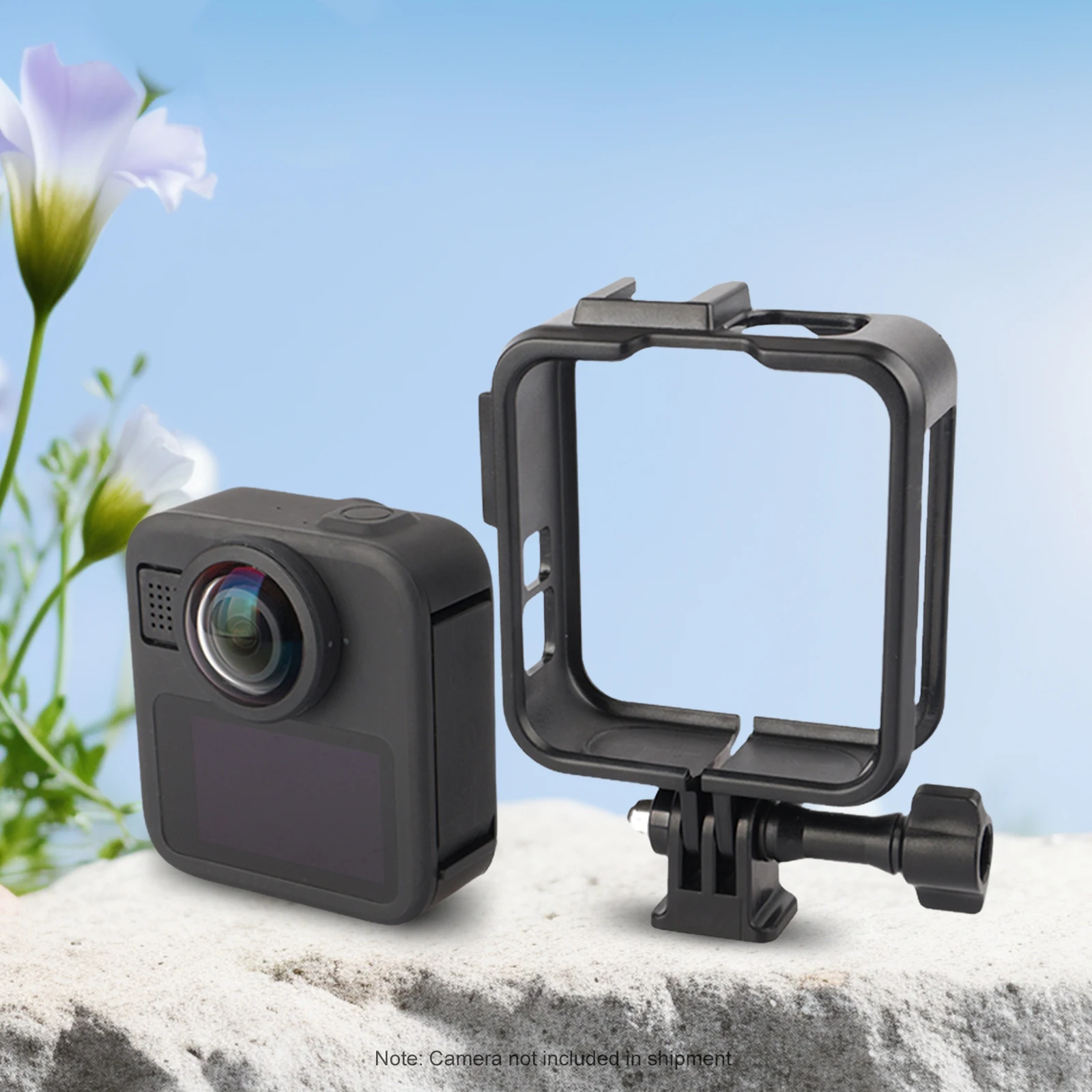 Cadre de protection pour GoPro Max 2 installé sur un trépied, avec la double griffe froide visible sur le côté.