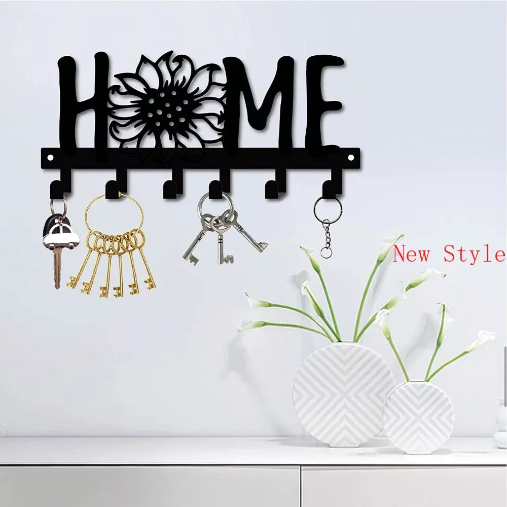 

Sunflower and Letter Design Black Metal Key hooks Holder for Wall Multi-Purpose Porch Hallway Bedroom Hook - Key Clothes Home D