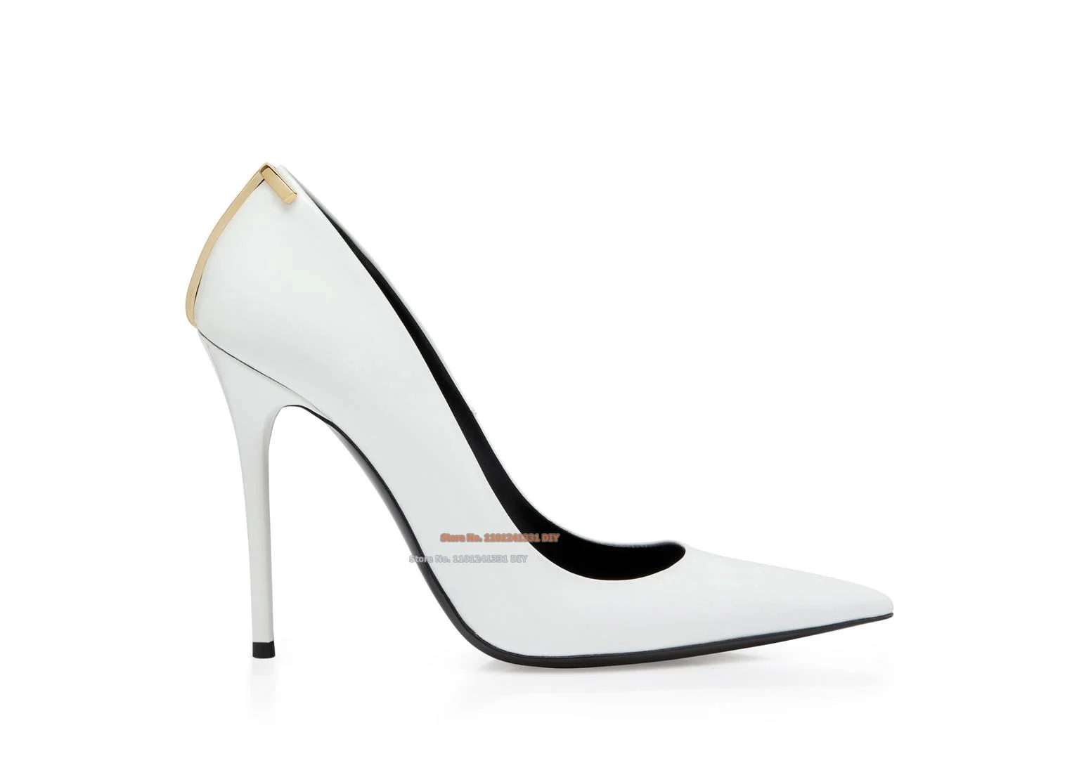 

White Patent Leather Iconic Metal Letter Pump Women Pointed Toe Slip On Thin High Heels Ladies Party Shoes