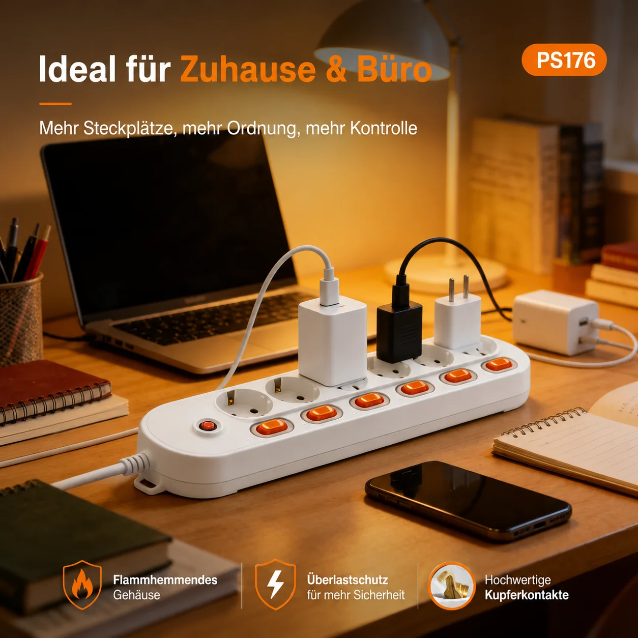 Enhanced Power Strip with Surge Protection - EU Plug, Multiple Outlets, Independent Control Switches, Long-Duration Cord