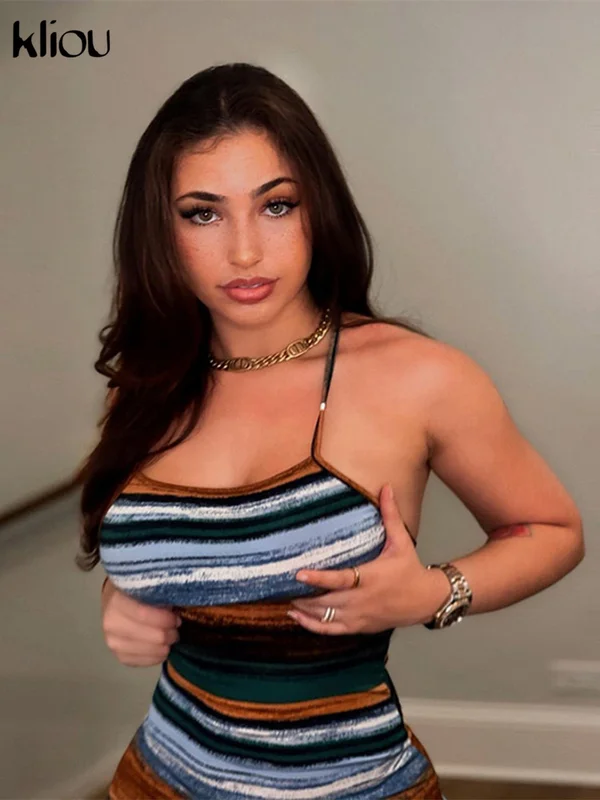 Kliou Panelled Striped Mini Dresses Aesthetic Women Sexy