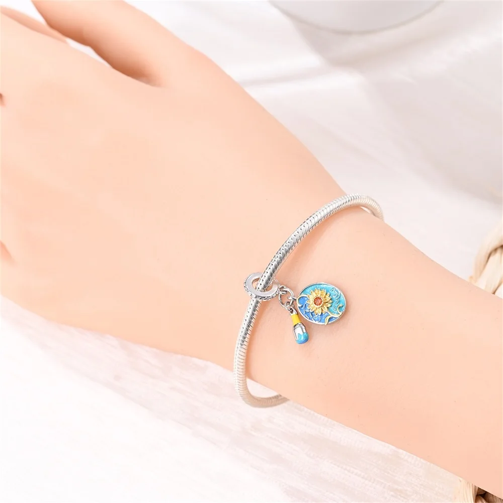 Gorgeous 925 Sterling Silver Van Gogh's Sunflower Painting Brush Charm Fit Pandora Bracelet Women's Anniversary DIY Gift