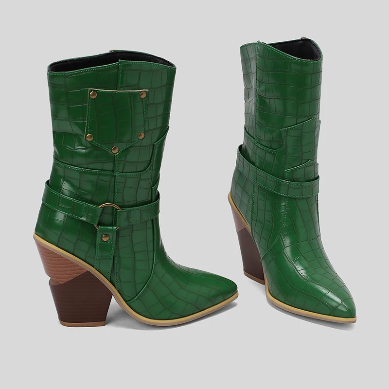 Kcenid Autumn Winter New Ladies Pointed Toe Cowboy Boots Fashion Denim Chunky High Heels women's Boots Party Sexy Woman Shoes