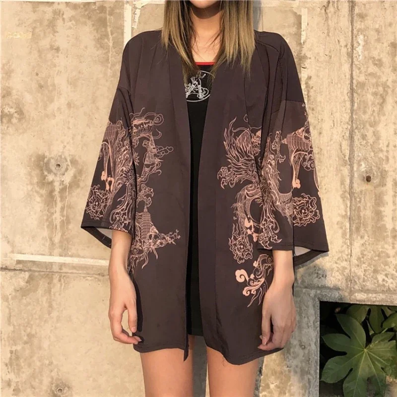 Dragon Japanese Kimono Cardigan Kimono Haori for Woman Man Loose Thin Black Outer Garment Women Casual Yukata Streetwear