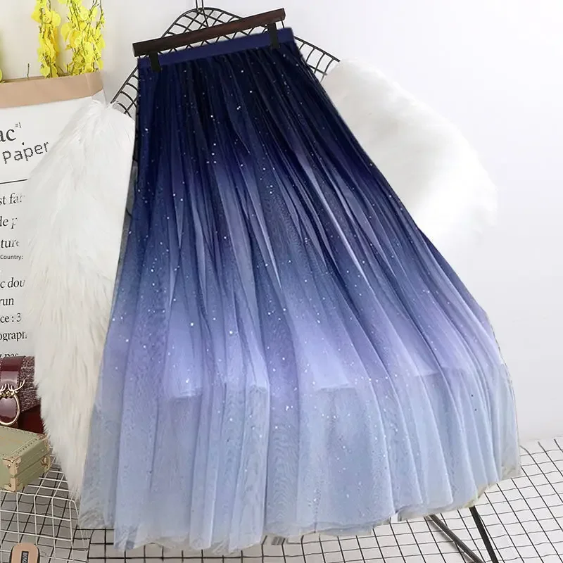 thumbnail image 1 of Falda de malla con degradado de cielo estrellado para primavera y verano, falda de papel adelgazante de cintura alta y corte en A de longitud media para mujer, 1 of 5