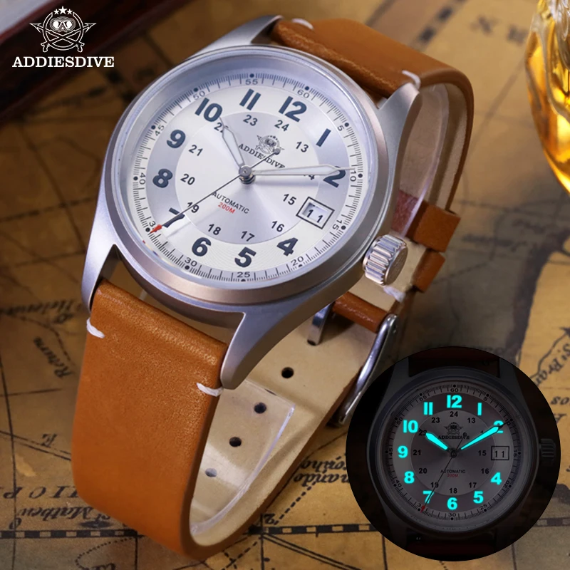 ADDIESDIVE Business NH35 Sapphire Mens Automatic Watches Vintage Leather Super Luminous Wristwatch 20Bar Diving Mechanical Watch jordan super play dm1683 300 mens sneakers